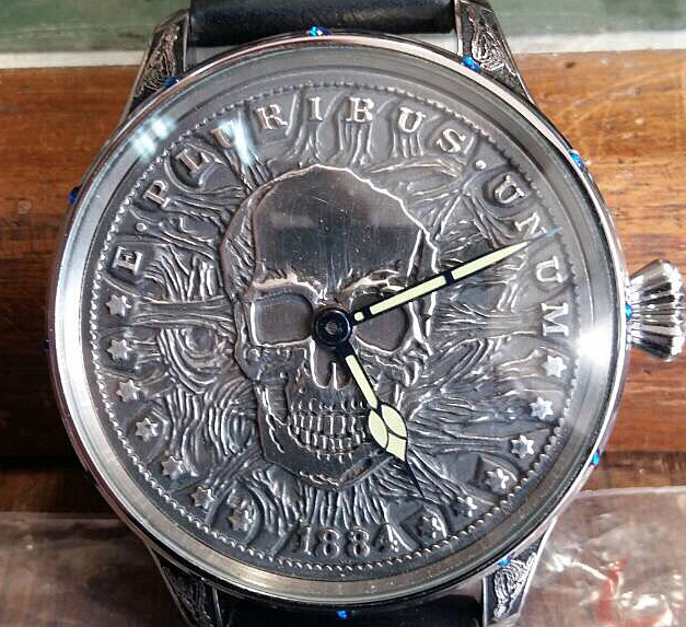 1918年 ロレックス懐中時計のムーブメント使用 カスタム時計 純銀スカル＆フルエングレービング 腕時計_画像2