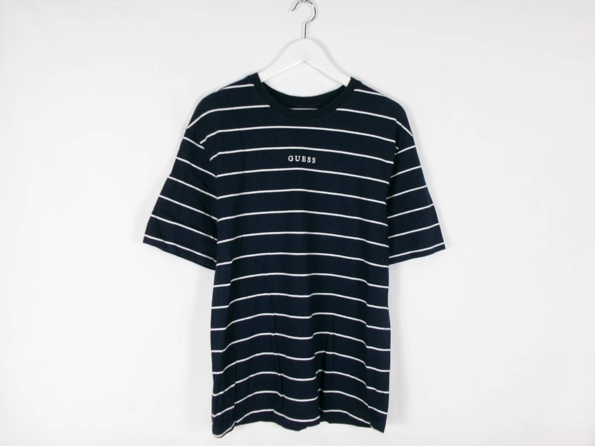 ゲス GUESS Tシャツ ボーダー 柄 クルーネック オーバーサイズ 五分袖 M ネイビー メンズ 中古 /EW