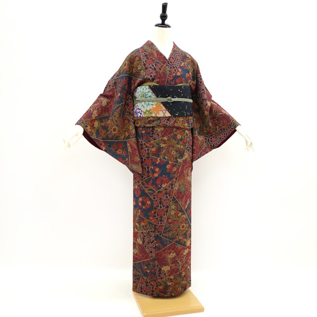 大割引 ポリエステル 洗える着物 謹製 はなぶさ 英 着物 袷 小紋 草花