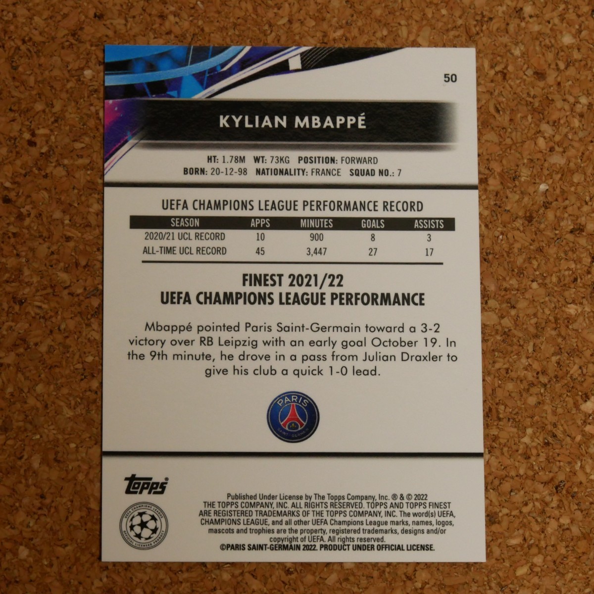 Topps finest Kylian Mbappe トップスファイネスト キリアン・エムバペ ムバッペ パリ・サンジェルマン soccer_画像2