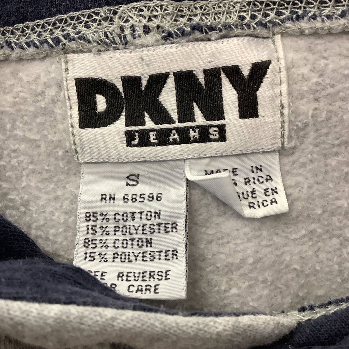 【古着】DKNY JEANS 90s HOODIE ダナキャランニューヨーク プルオーバーパーカー フーディ 裏起毛 size S グレー  ビッグサイズ 75371