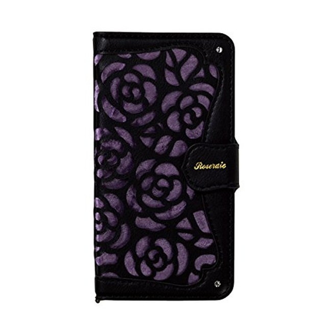 NATURAL design iPhoneX Xs (5.8インチ) 手帳型 ケース La Roseraie Black x Purple PUレザー ハンドストラップ付_画像1