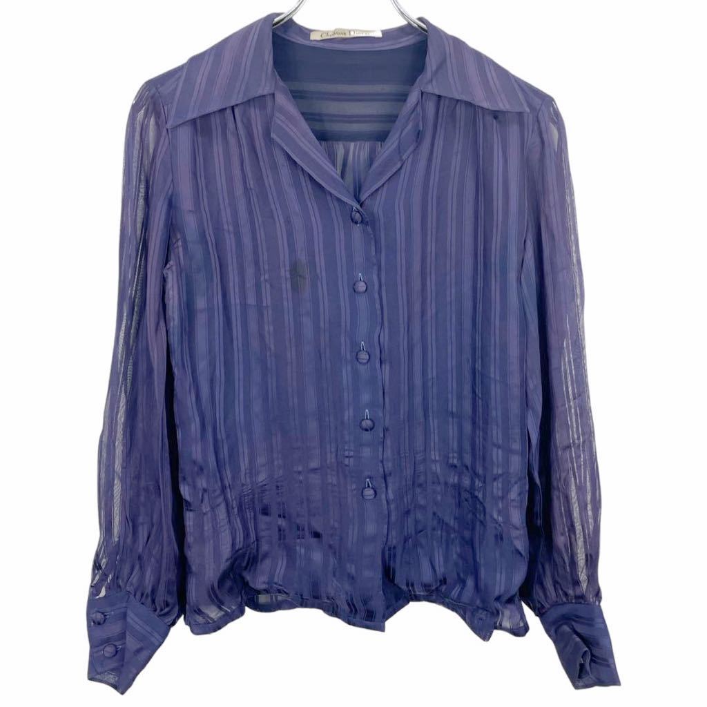 Vintage CHRISTIAN DIOR Christian Dior lady's blue stripe see-through long sleeve shirt tops L inscription 