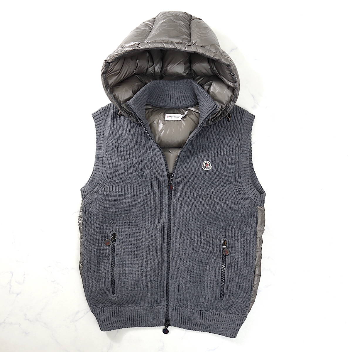 3-DB165 モンクレール MONCLER ハイブリット ニット切り替え ダウンベスト フード付 グレー XL メンズ_画像1