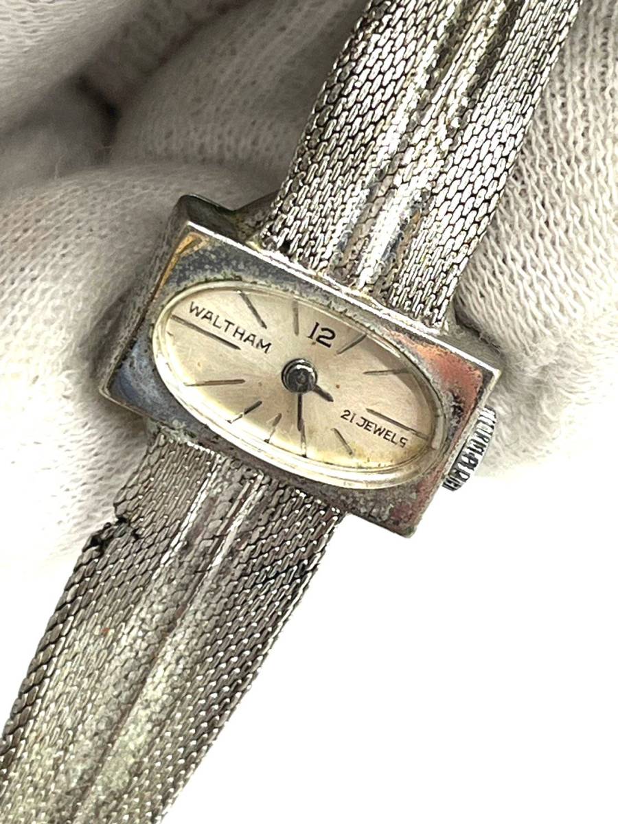 【稼動○/バックル硬め】WALTHAM ウォルサム 手巻き 腕時計 シルバー文字盤 21石 レディース