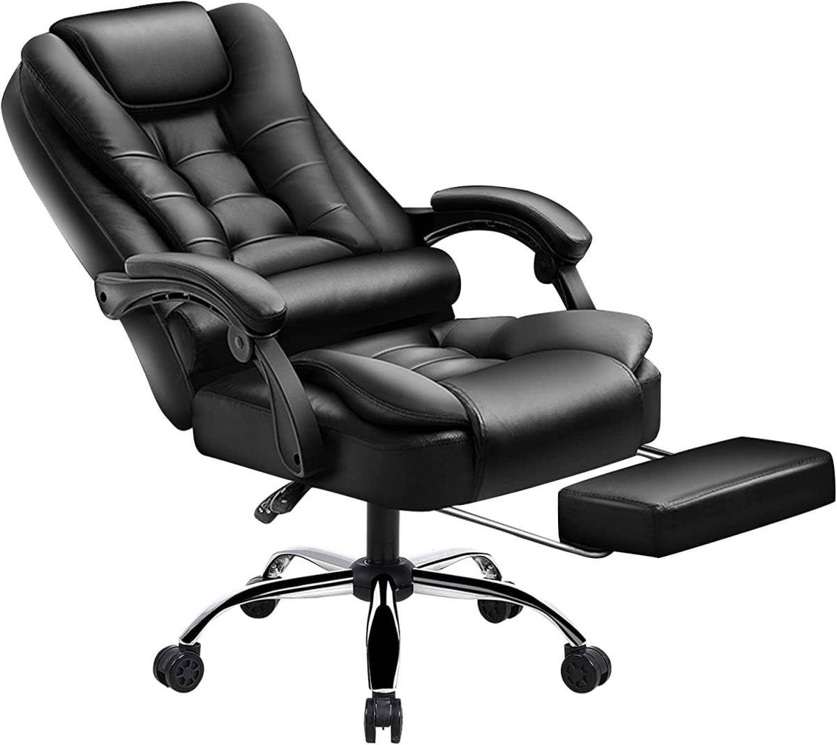 JIEANXIN オフィスチェア ワークチェア 社長椅子 デスクチェア 事務椅子 レザーチェア 無段階リクライニング ハイバック (ブラック)