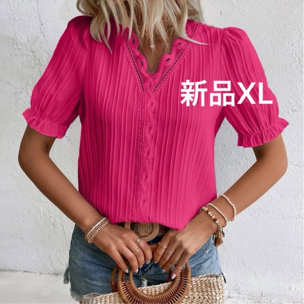 新品　レディース　半袖シャツ　ピンク　XL 大きいサイズ　袖フリル　トップス　シャツ　薄手　夏服　バービーコア　パフスリーブ