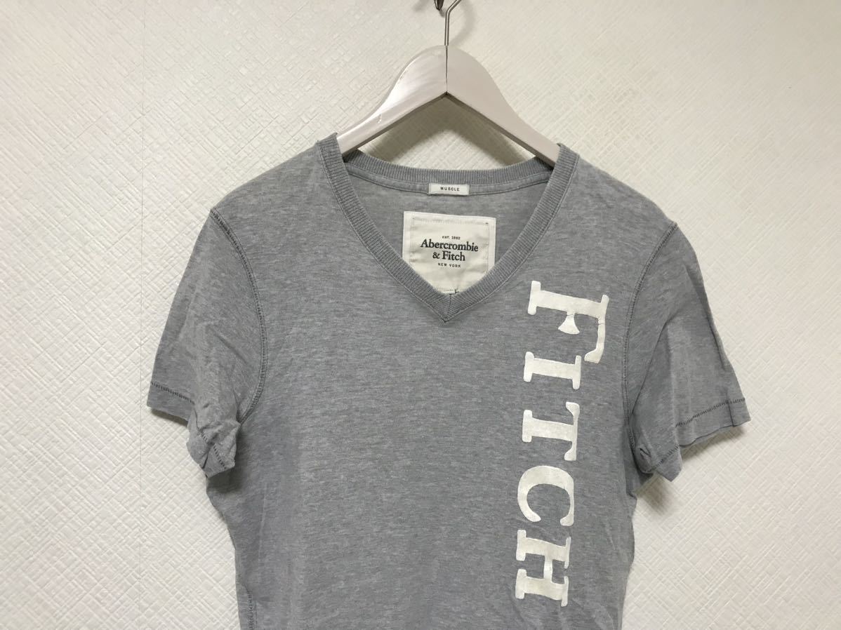 本物アバクロアンドフィッチAbercrombie&FitchコットンプリントVネック半袖TシャツメンズサーフアメカジミリタリービジネススーツグレーS