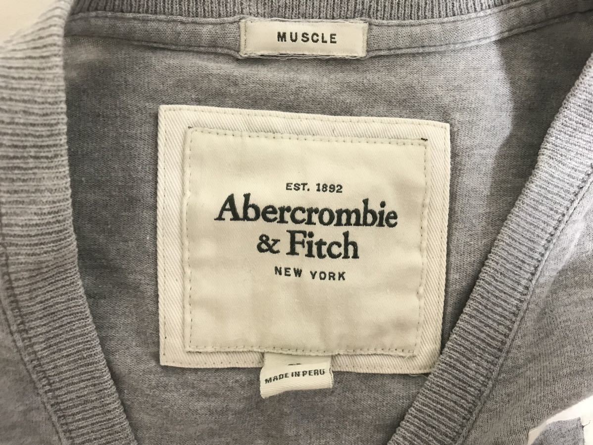 本物アバクロアンドフィッチAbercrombie&FitchコットンプリントVネック半袖TシャツメンズサーフアメカジミリタリービジネススーツグレーS