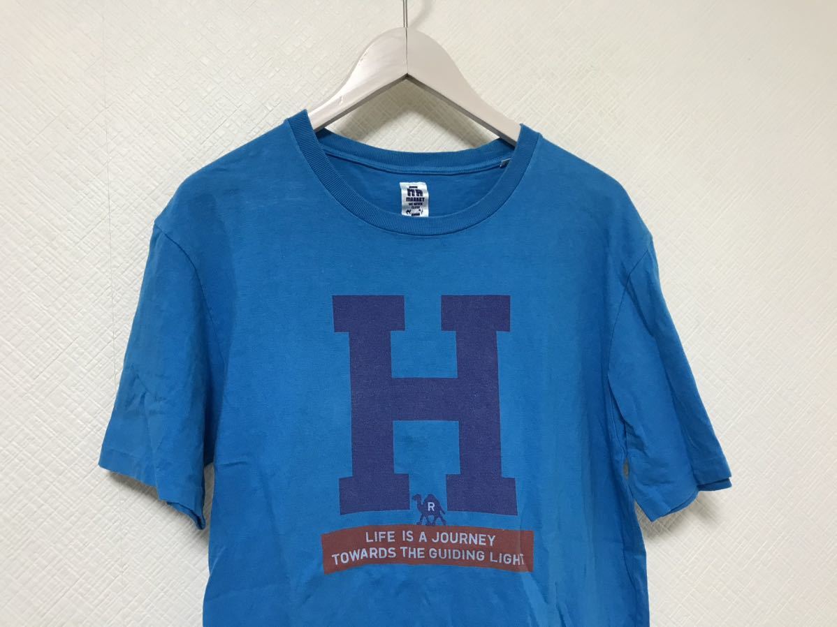 本物ハリウッドランチマーケットHRMコットンプリント半袖Tシャツメンズサーフアメカジミリタリービジネススーツ青ブルー3日本製L