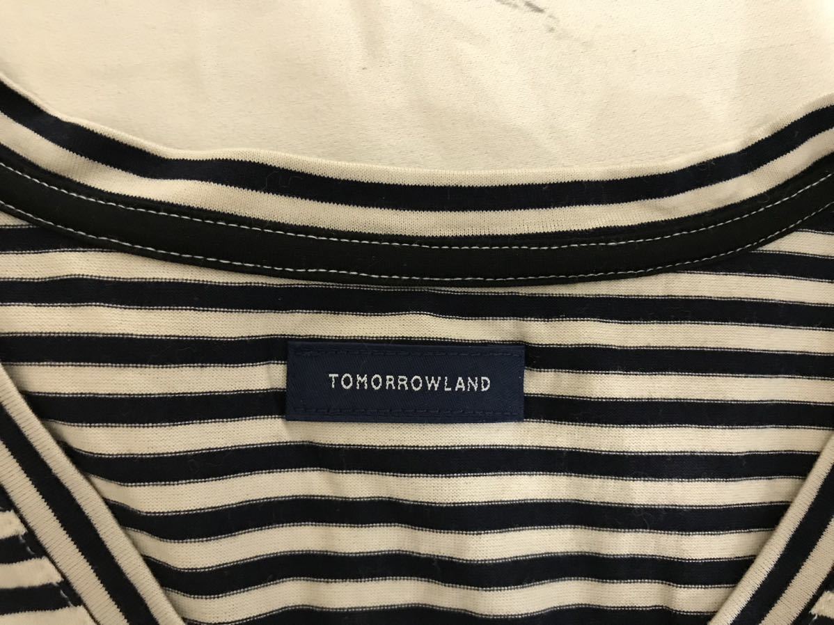 本物トゥモローランドTOMORROWLANDコットンボーダー柄半袖Tシャツメンズサーフアメカジミリタリービジネススーツ紺ネイビーS日本製