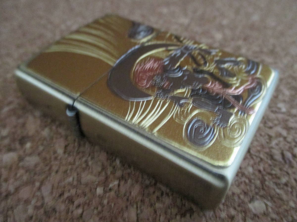 ZIPPO 『風神 雷神 両面メタル貼り』2011年2月製造 ゴールド ソリッドブラス 神話 日本昔話 掛け軸 オイルライター ジッポー 廃版激レア