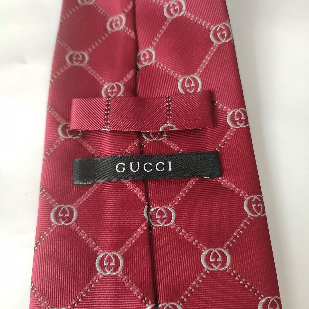 GUCCI グッチ シルク ネクタイ 総柄 GG柄 格子柄 レッド系 h19