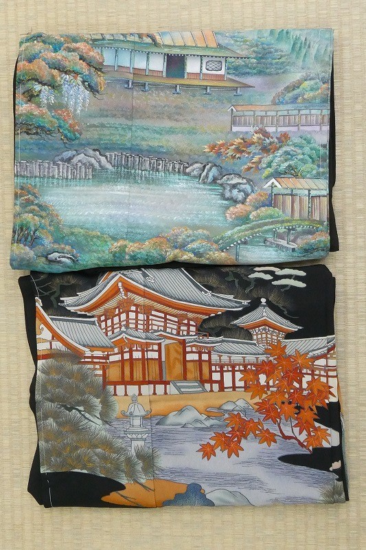 2307A-2293○関着/黒留袖/2点/作家物・含/風景模様/リメイク・材料等に