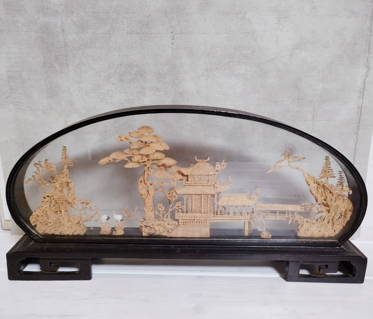 ST2] つる 置物 中国 手彫り 木工 風景 アンティーク コルク 彫刻