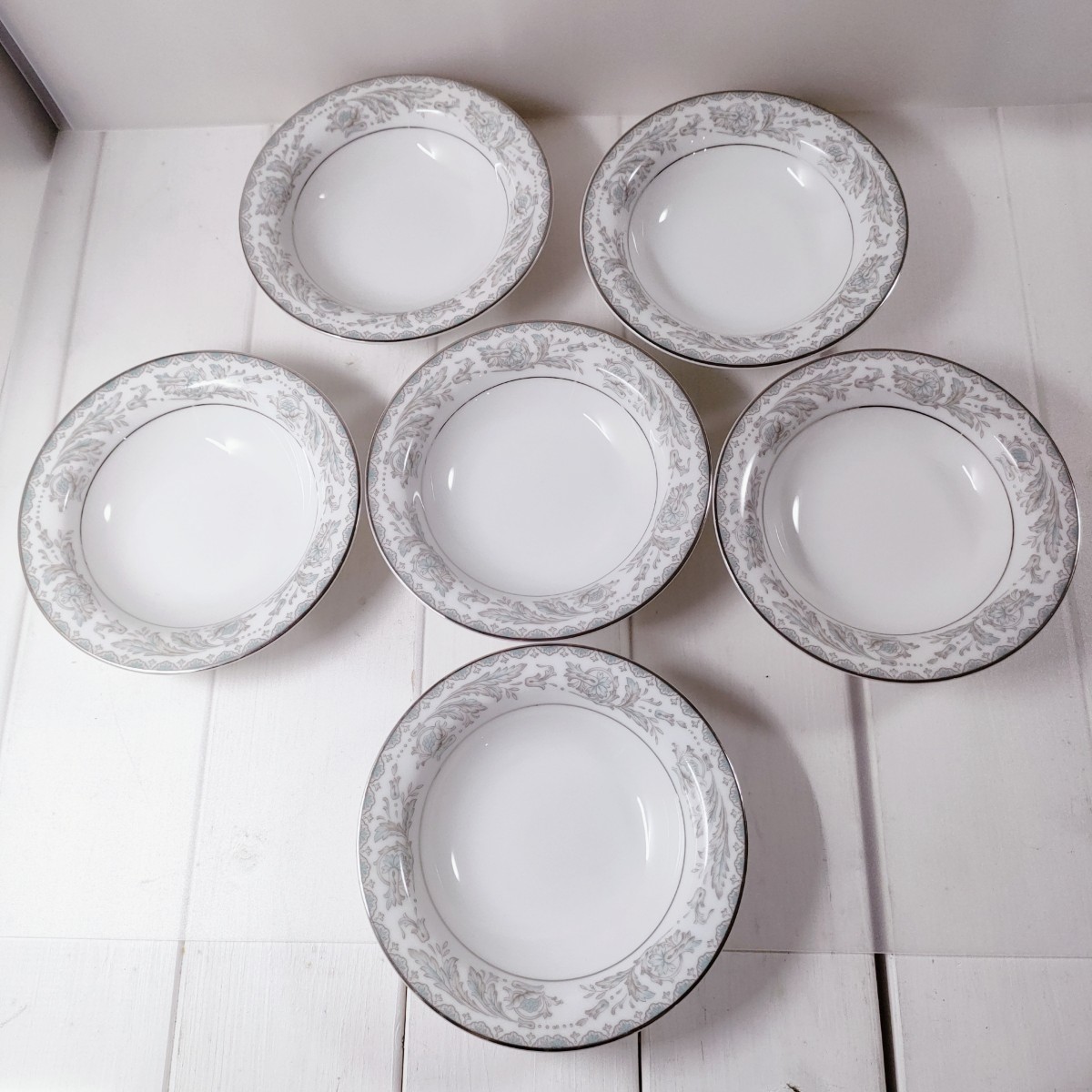 ST6] NORITAKE　CHINA　小皿　６枚　セット　銀縁　BELMONT USデザイン　花柄　陶器　皿　食器　ノリタケ　白　水色　グレー_画像3