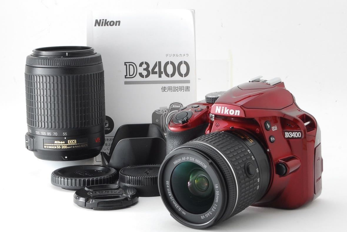 新着 D3400 ニコン Nikon 美品 RED 一眼レフ ダブルズームレンズキット