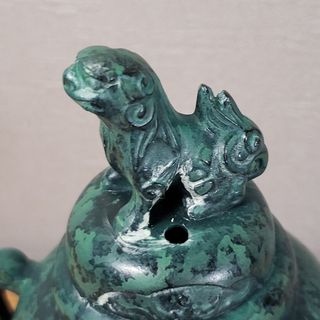 香炉 中島清 高岡銅器 三つ脚香炉 獅子蓋 龍紋 双耳 銅製 高さ約 香炉 中島清 高岡銅器 三つ脚香炉 獅子蓋 龍紋 双耳 銅製 高さ約