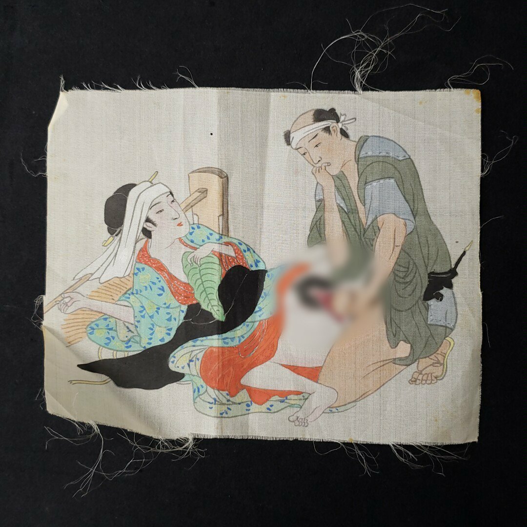 珍品! 春画 布生地イラスト ７枚 ※虫食いヤケ染みあり 当時物 浮世絵 アダルト 時代物 インテリア コレクション 和雑貨 【ラt2954】_画像7