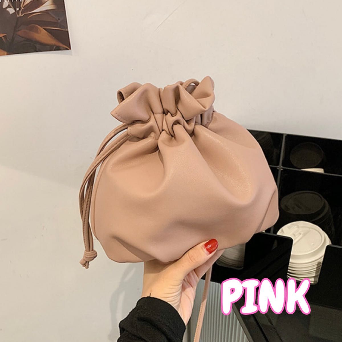 巾着袋　巾着バッグ　巾着　ショルダーバッグ　シンプル　無地　ポーチ　韓国　ピンク