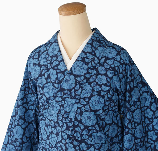 単衣のきもの 未使用 小紋 藍色 辻が花調模様 バチ衿 身丈１６０ｃｍ ポリエステル 10752_画像3