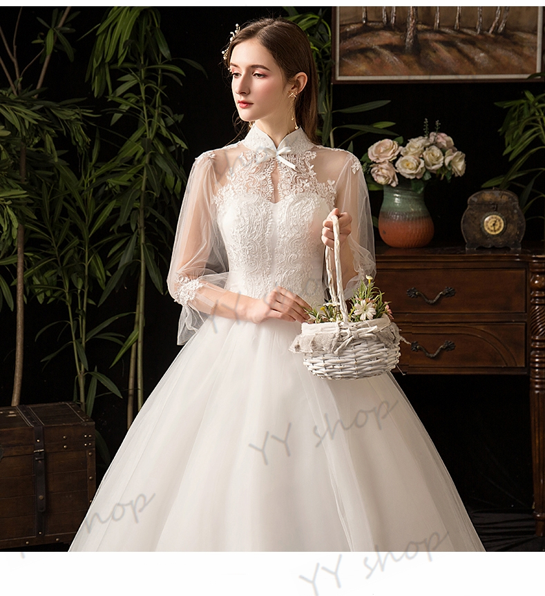 H041 お得 ウェディングドレス Aライン 7分袖 立ち襟 白 小さい～大きいサイズ 結婚式 宴会 イベント 撮影 パニエ グローブ ベール付