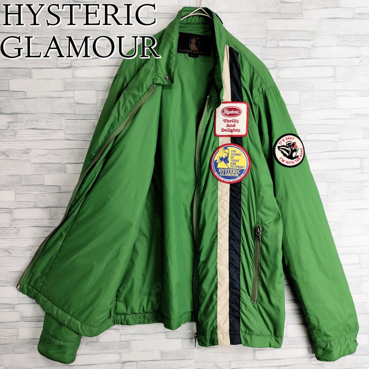【最高デザイン】HYSTERIC GLAMOUR☆レーシングジャケット ワッペンヒスガールロゴ 緑 中綿ジャケット プリマロフト ヒステリックグラマー
