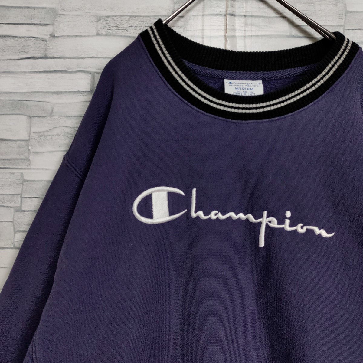 【入手困難】Champion☆リバースウィーブスウェット　Mサイズ 茄子色 青タグ 裏起毛 リブボーダー オーバーサイズ パープル チャンピオン_画像2