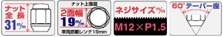 ホイールナット/16個入り/普通車用/トヨタ/ホンダ/三菱/マツダ/ダイハツ/イスズ/M12X1.5/19mm/黒・ブラック/ラグナット 101B-19-16P_画像2