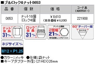 ロックナットset/ミストラル/日産/M12X1.25/21mm/メッキ/ブルロック＆ナット6H6穴車用 0653+103S4個_画像2