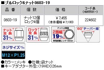 ロックナットset/ディアスワゴン/TW系/スバル/M12X1.25/19mm/メッキ/ブルロック＆ナット4H4穴車用 0603-19_画像2