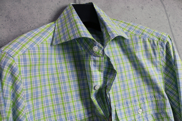 新品コムサメン ダブル オーバー チェック ホリゾンタルカラー 長袖 シャツS緑白青 定価2万円/COMME CA MEN2_画像2