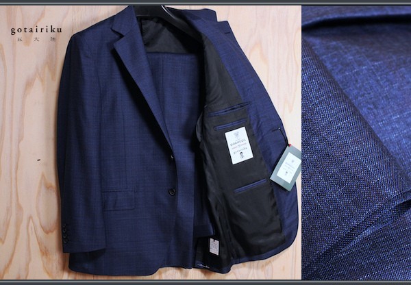 新品 オンワード樫山 五大陸/gotairiku 春夏 英国 ドーメル/DORMEUIL EXEL ストレッチ スーツ 32B/BB3/幅広XS/紺 9.7万円