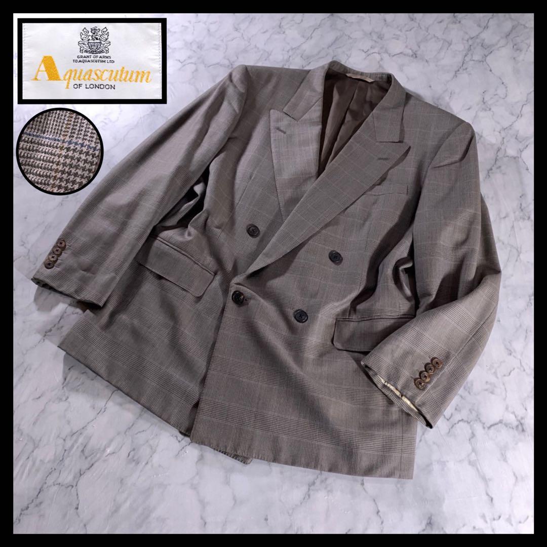 90s Aquascutum ダブル テーラードジャケット チェック ブラウン