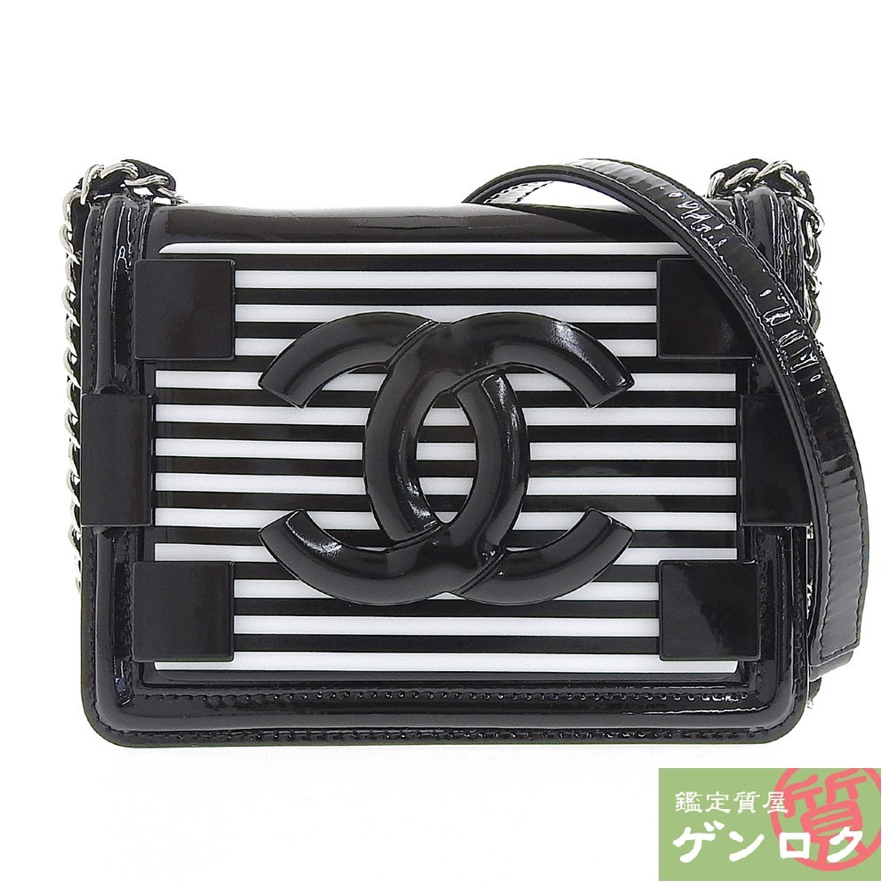 【中古】CHANEL シャネル レゴチェーンショルダー ポーチ 斜め掛け ショルダーバッグ ブラック×ホワイト パテントレザー 19番台【質屋】_画像1