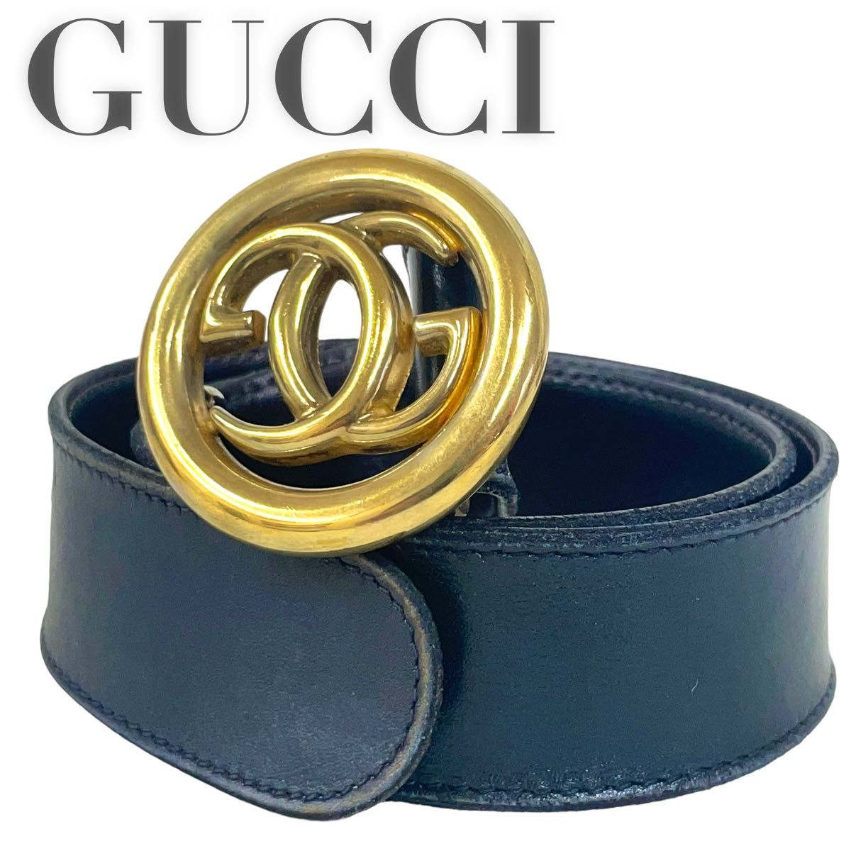 GUCCI グッチ　ベルト　ネイビー　ゴールドバックル　ロゴ　GGマーク　ユニセックス　メンズ　レディース