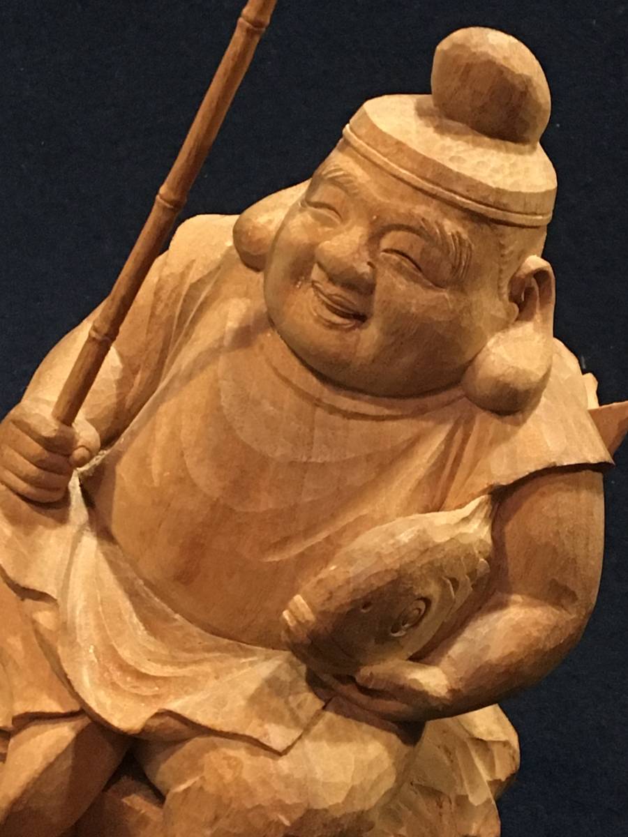 1892【仏教美術】恵比寿様　木彫刻　牧田秀雲作　檜　本物保証　織有　細密彫刻　《真作》
