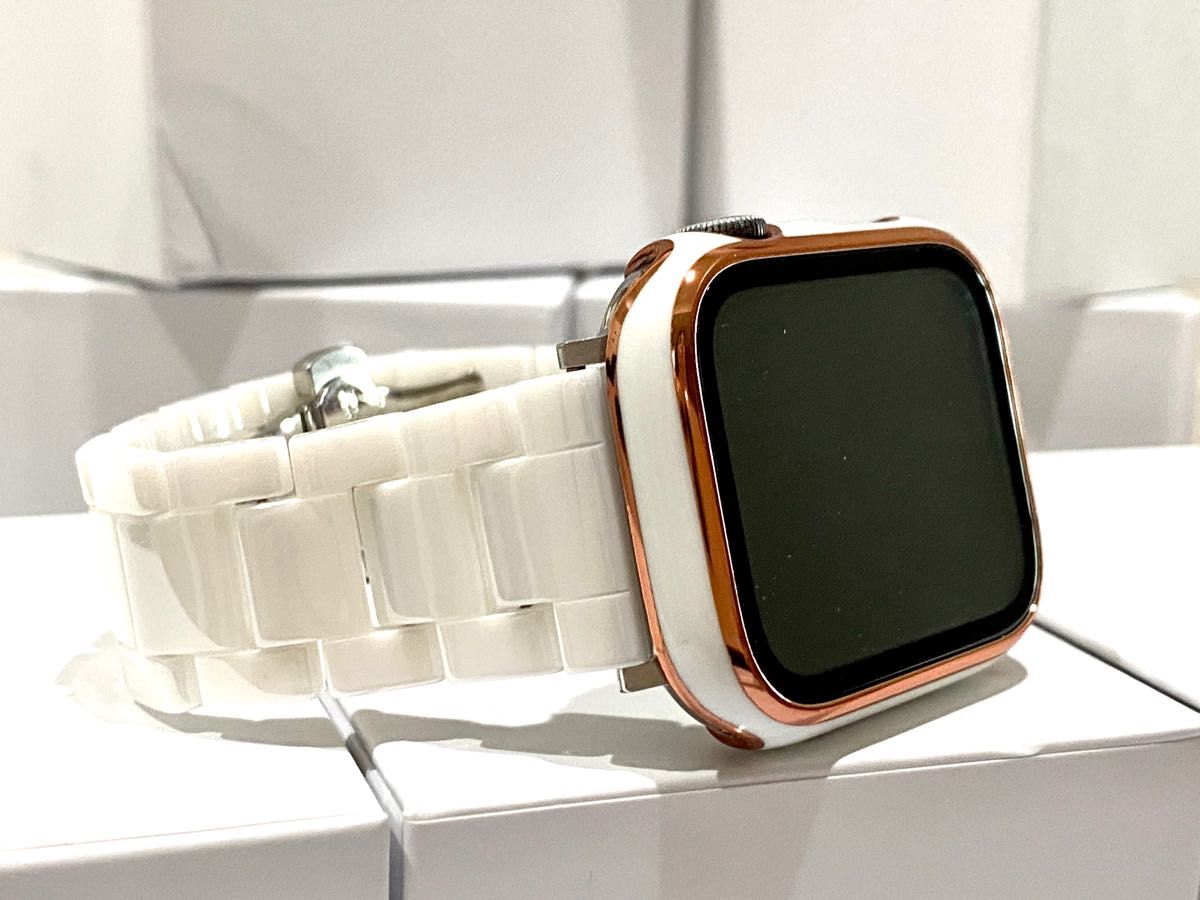 Box入り高級ランク　ホワイト　ローズライン　★アップルウォッチバンド セラミックベルト Apple Watch 純正セラミック　