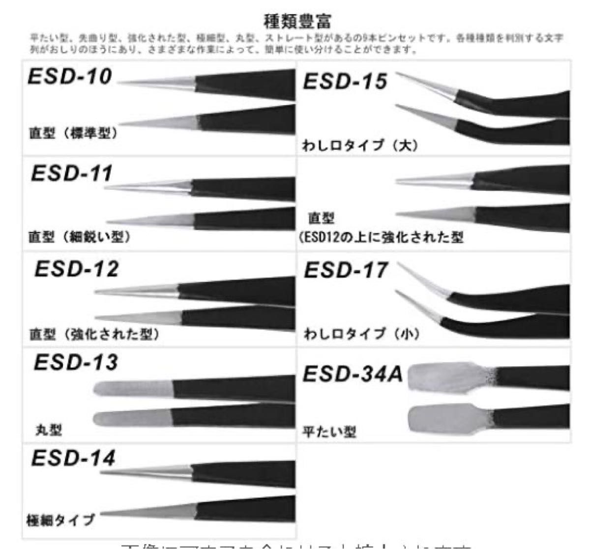 ピンセット 精密ピンセット ツイーザー ESD 極細 精密機器用 静電防止 耐酸 防腐 ステンレス製 9本セット