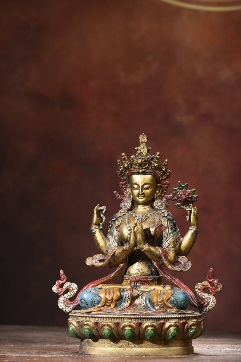 国内配送】 『清・仏教古美術・古銅彫・金鍍・彩繪・四臂觀音像』極細