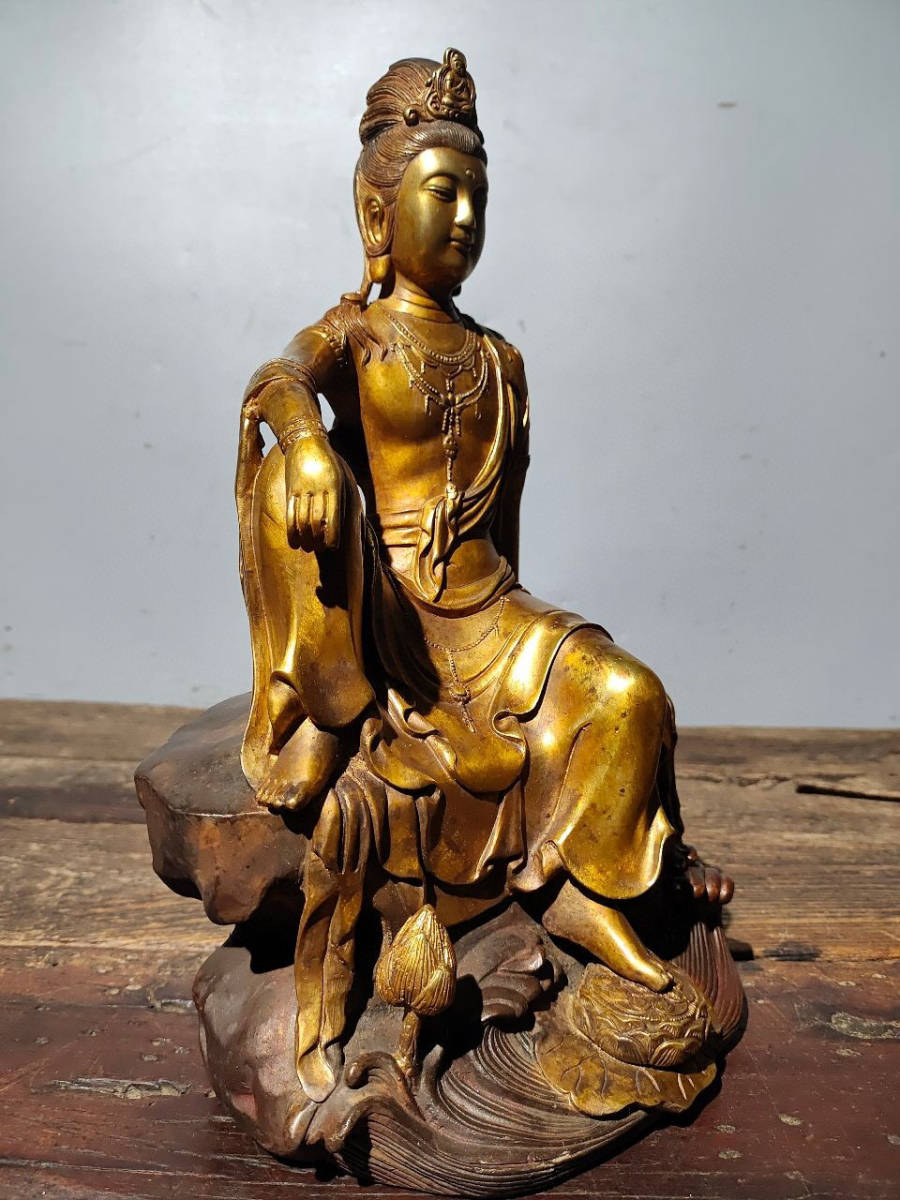 □青澤古美術□G223清時代 仏教古美術 チベット密教 銅塗金 思維仏 