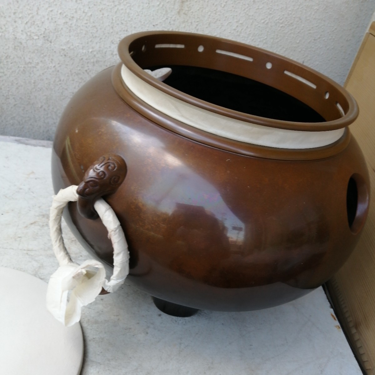 風炉　鬼面風炉　鋳銅製　未使用　瓦付き　茶道具　茶道　木箱 銅_画像7