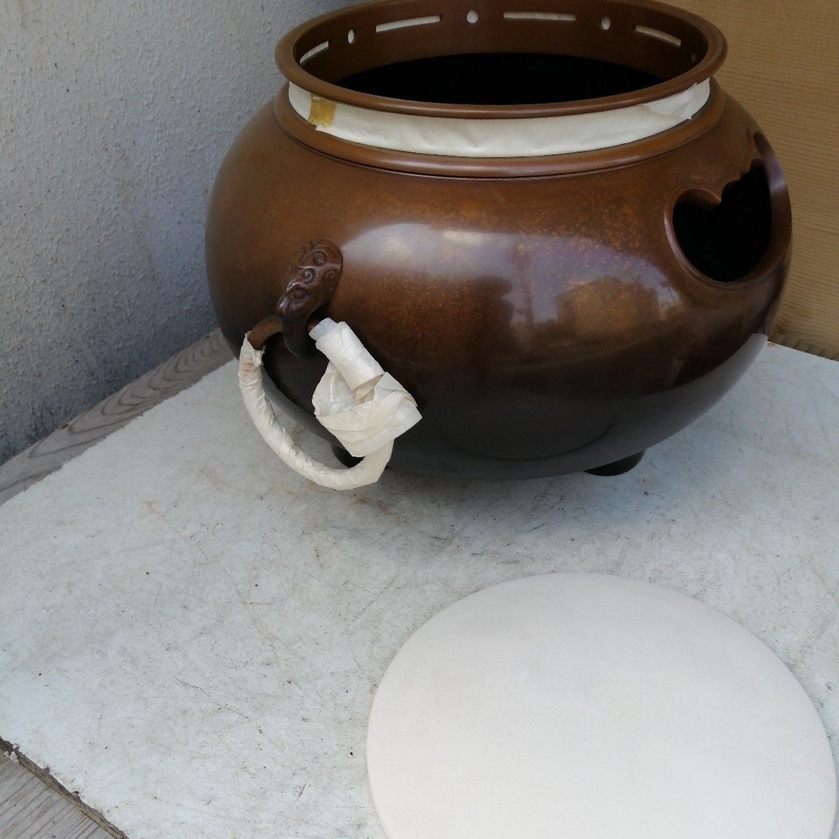 風炉　鬼面風炉　鋳銅製　未使用　瓦付き　茶道具　茶道　木箱 銅_画像4