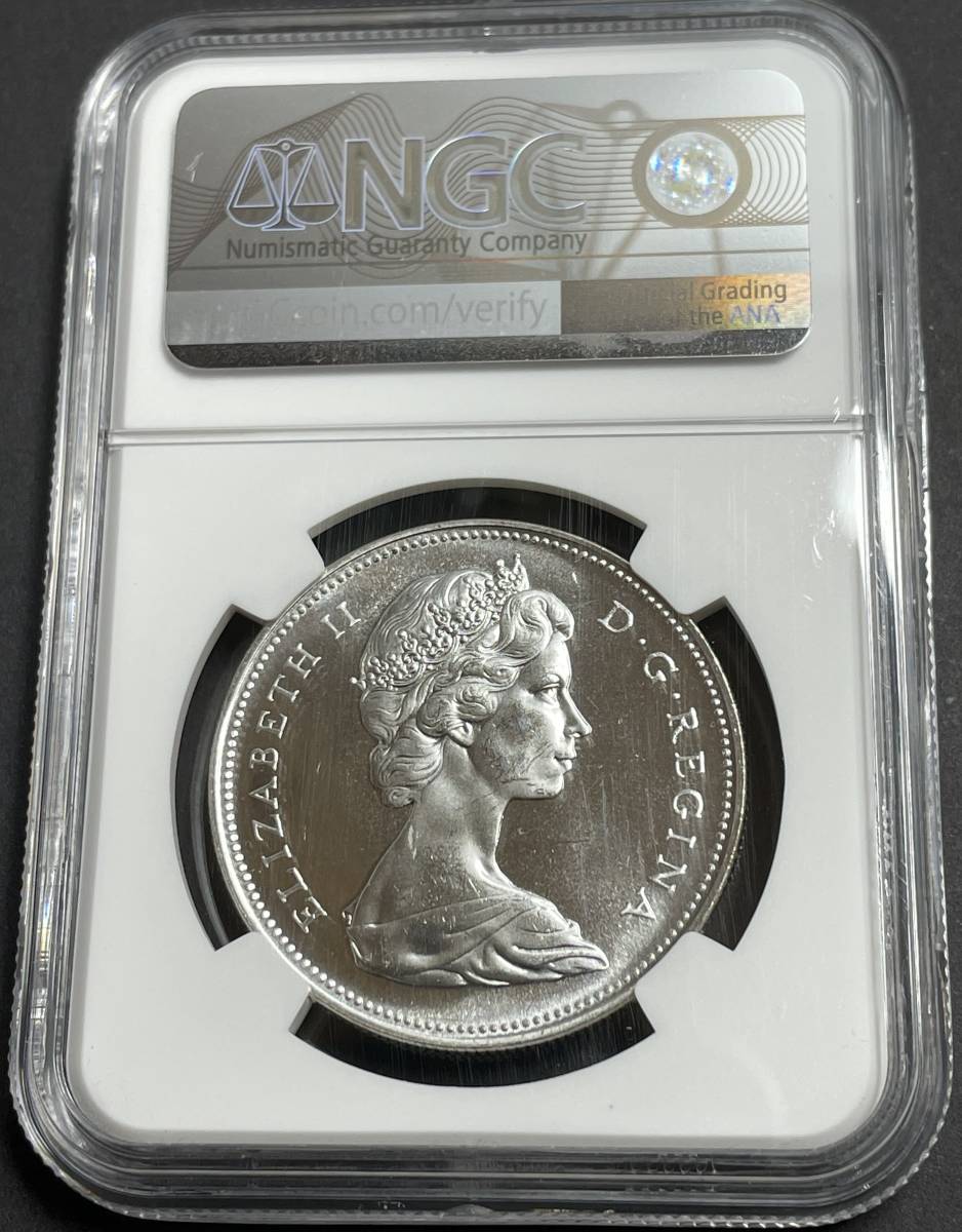 【PL65】1966 カナダ 1ドル 銀貨 カヌーダラー ラージビーズ NGC エリザベス アンティークコイン モダン_画像4
