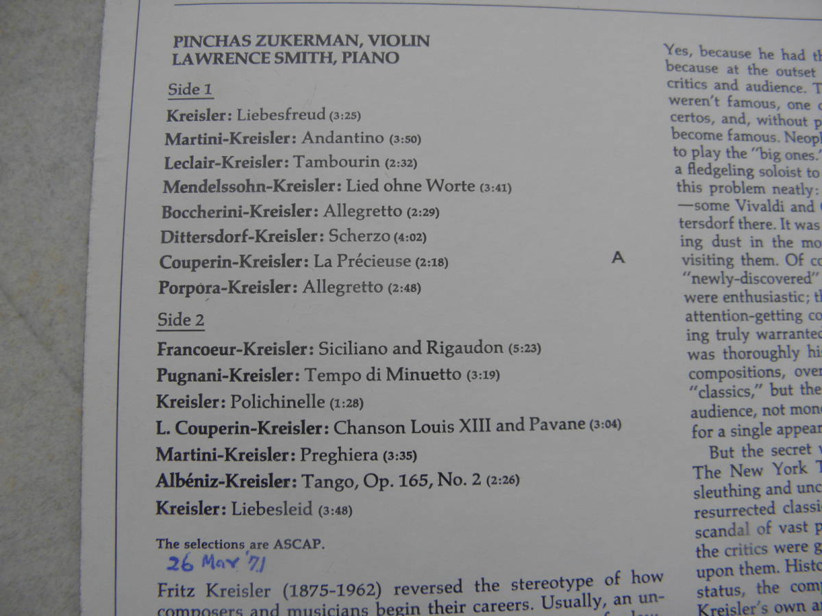 米CBS1972年盤23歳ピンカス・ズーカーマン昇竜期の名録音クライスラー名曲集全15曲優雅なボウイングがこれらの曲にぴったりです録音も優秀_画像3