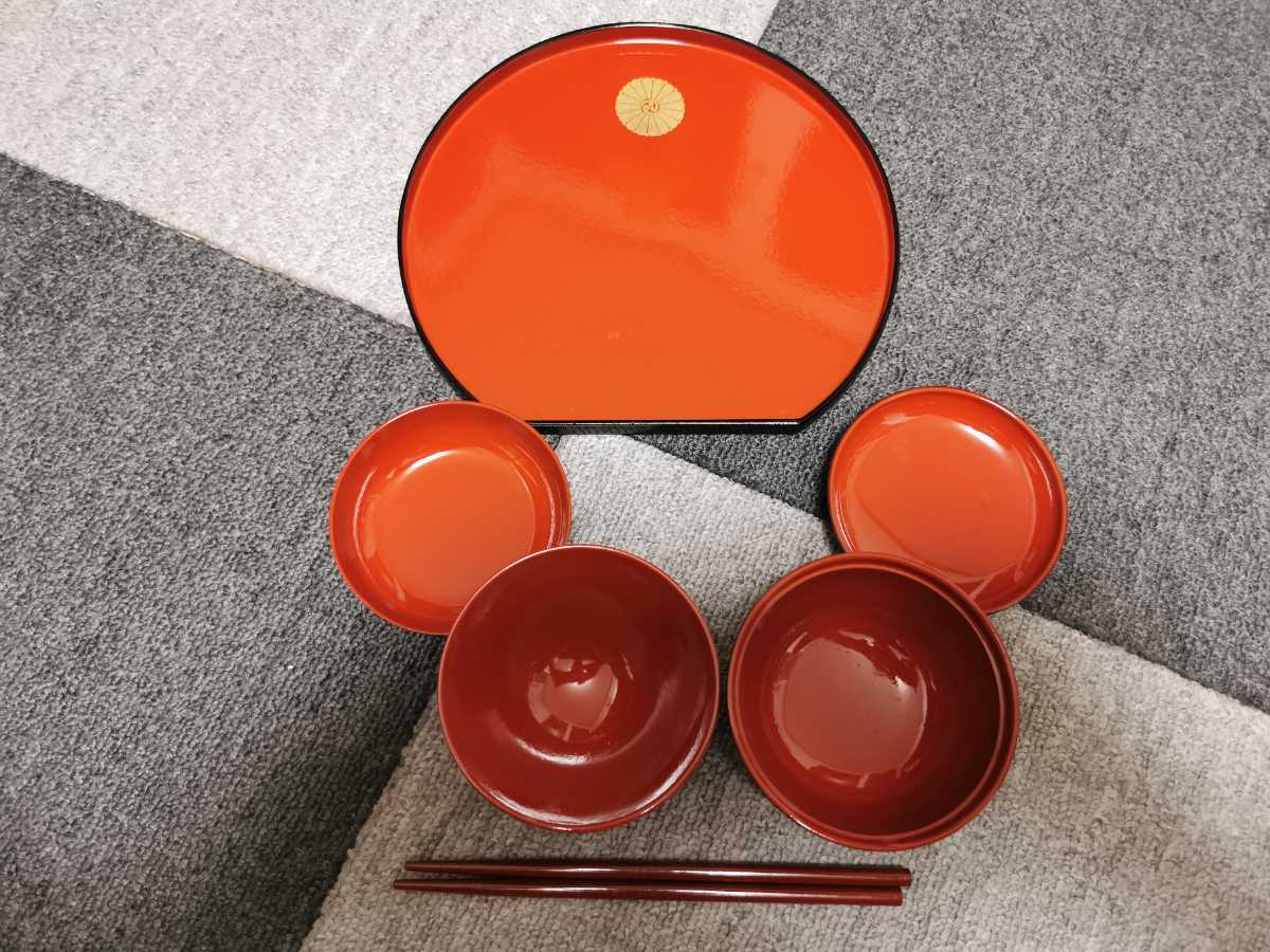  weaning ceremony Okuizome tableware set Aizu lacquer ware pcs. width approximately 22cm