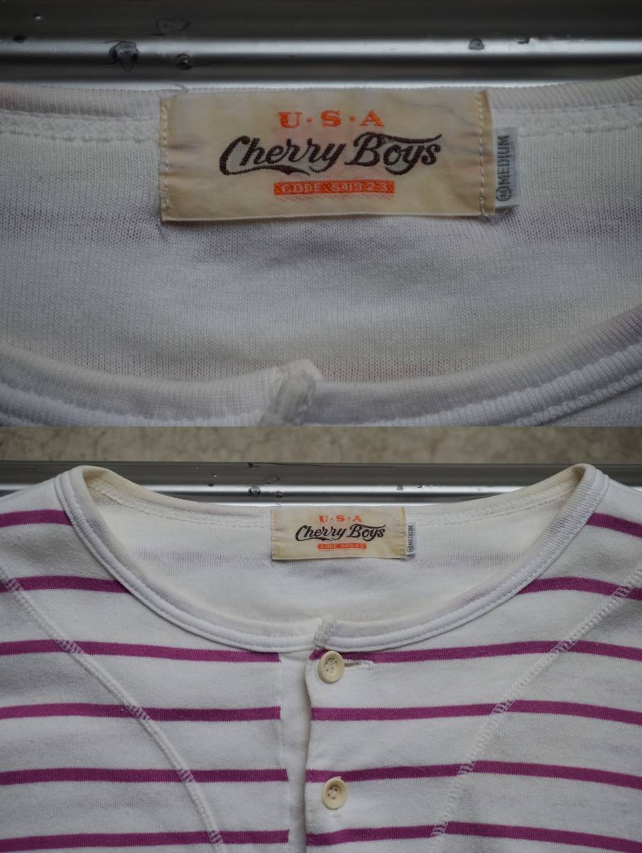 90s USA Cherry Boys CODE 5419-2-3 ヘンリーネック 白×チェリー・ピンク 半袖 ボーダーシャツ 表記M 実質L-XL _画像9