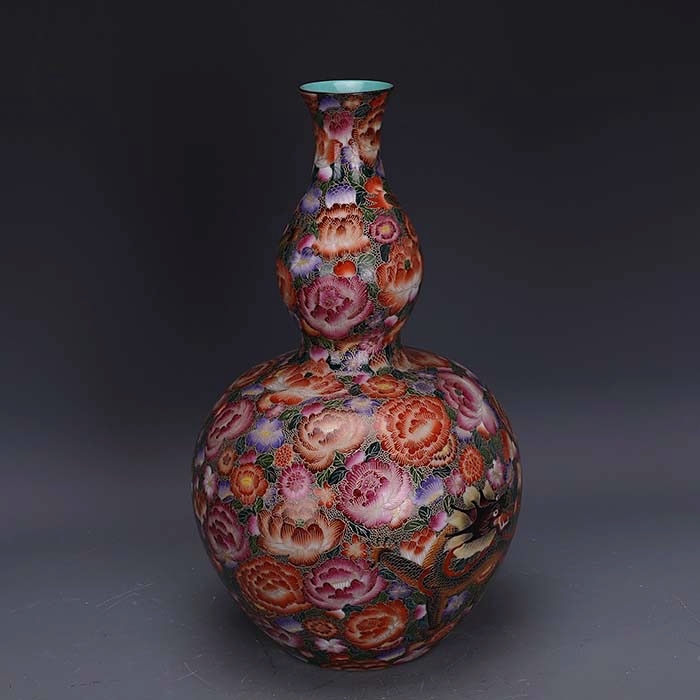 大清乾隆年製款 琺瑯彩描金龍穿萬花紋 瓢箪瓶 極少品！高さ39.5cm、直径25cm_画像3