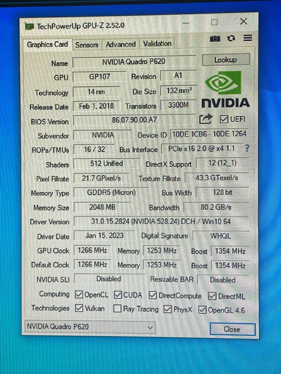 NVIDIA Quadro P620 2GB ロープロファイル GPU