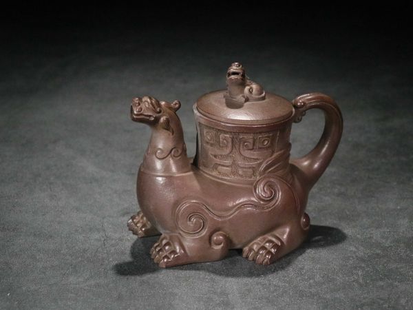 古びた蔵『明陳仲美製陶磁器紫砂急須望子成龍独角獣紫砂茶壺』極細工